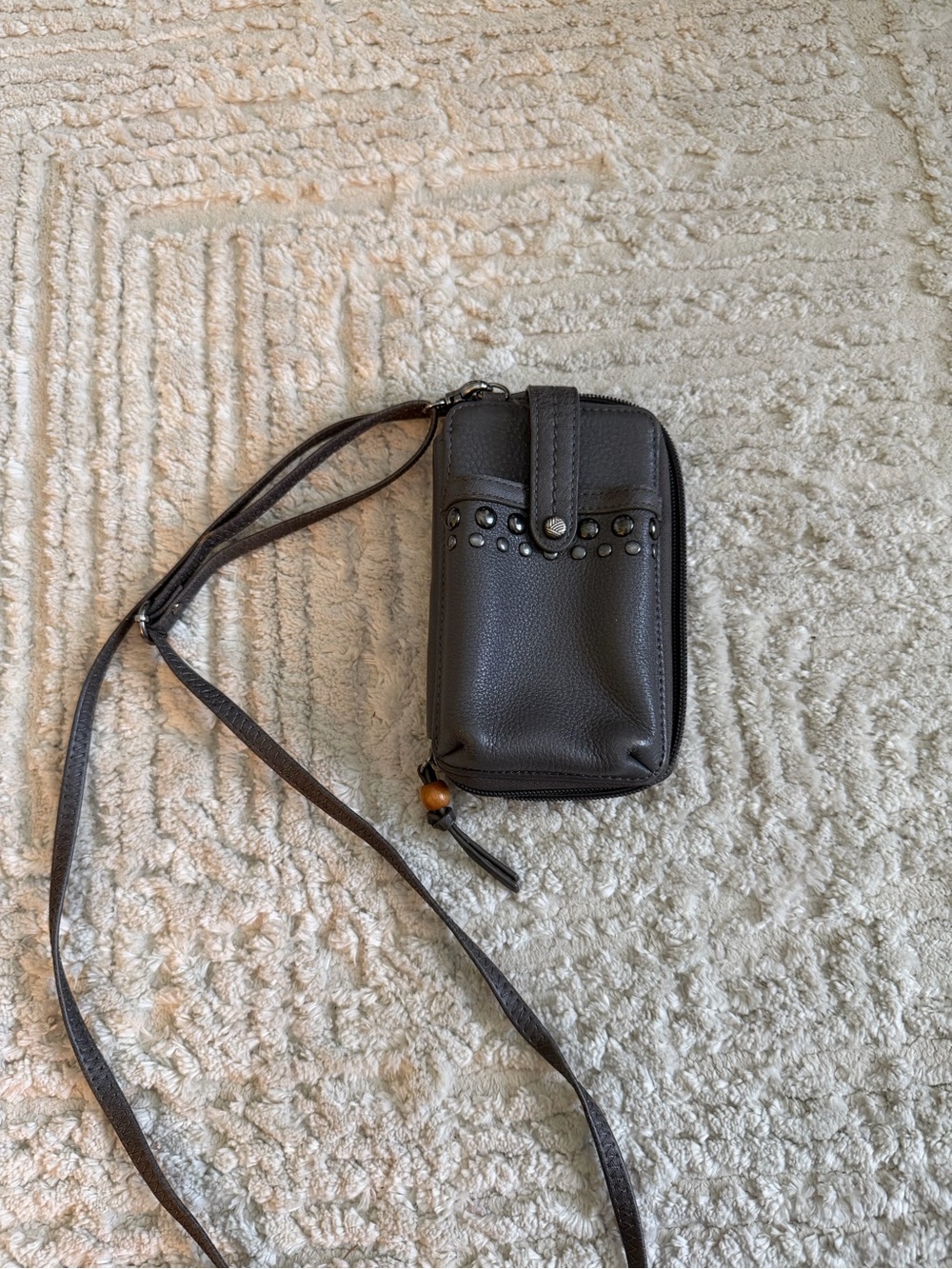 The Sak Grey Leather Studded Phone Crossbody Wallet Organizer Bag